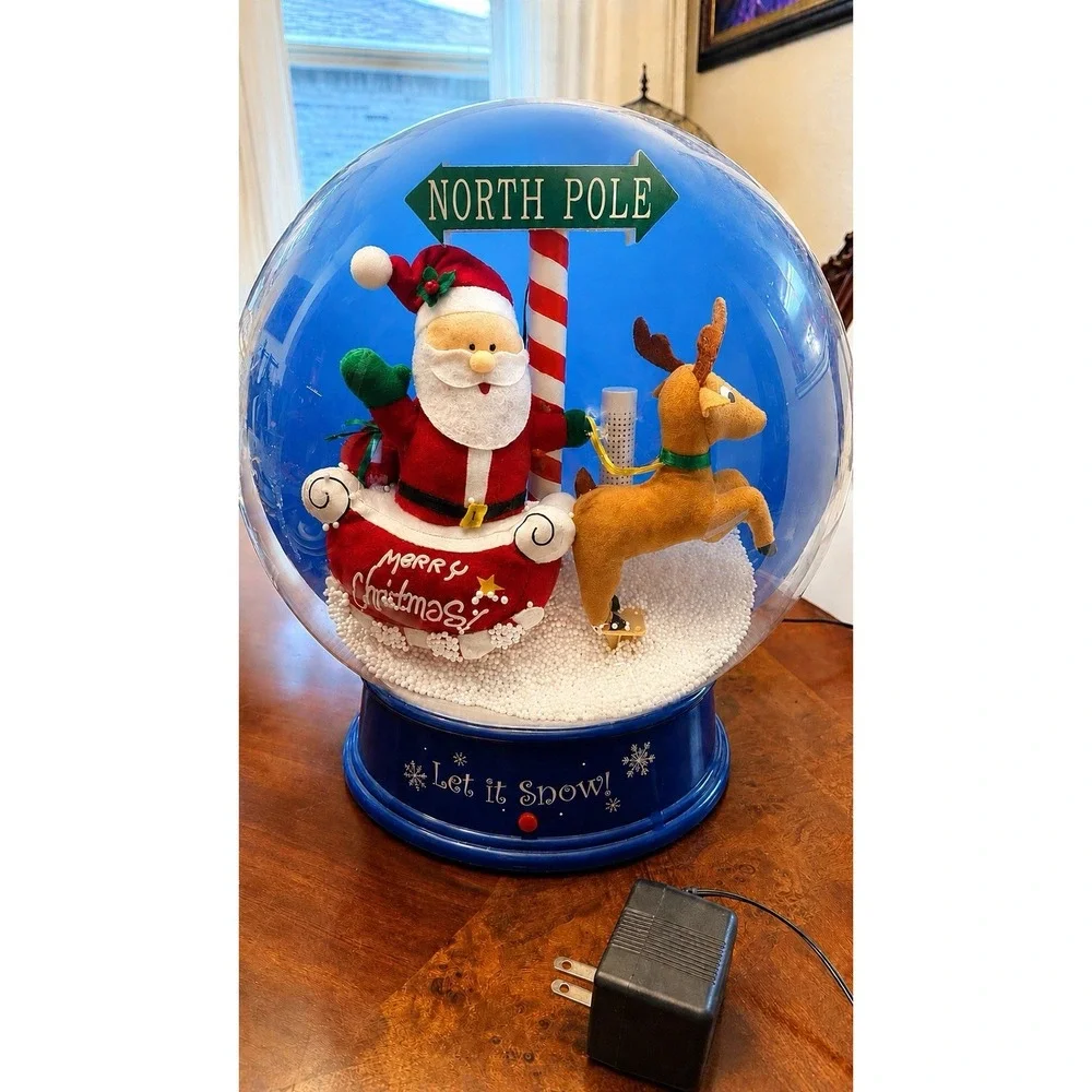 Gemmy Animated Musical Snow‎ Globe Santa Reindeer Waterless Snow WORKS